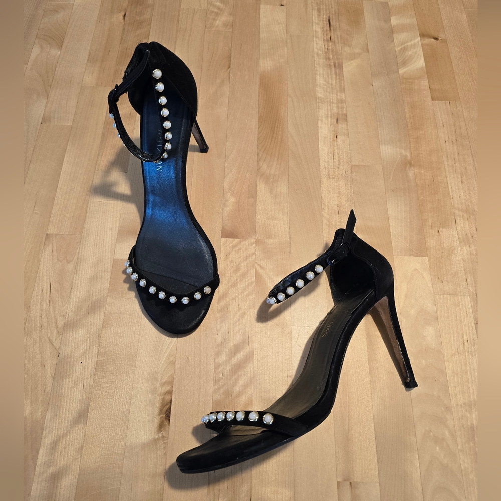 Stuart Weitzman Amelina Pearl Stiletto Heel Black Velvet Size 9.5M